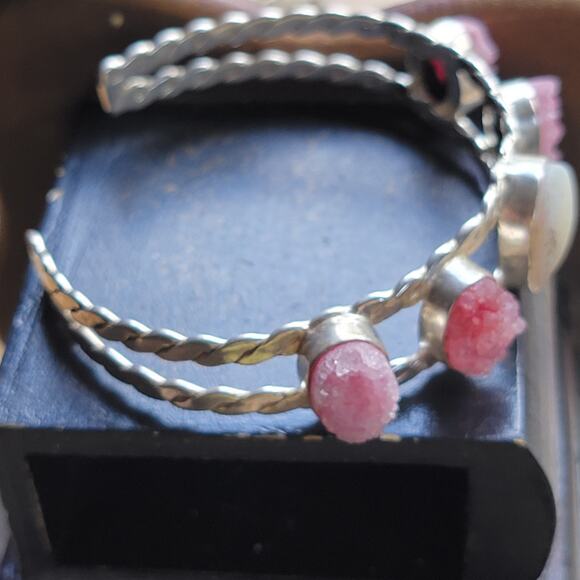 Sterling Silver Pink Druzy and Jasper Cuff Bracelet Handmade - Picture 5 of 6